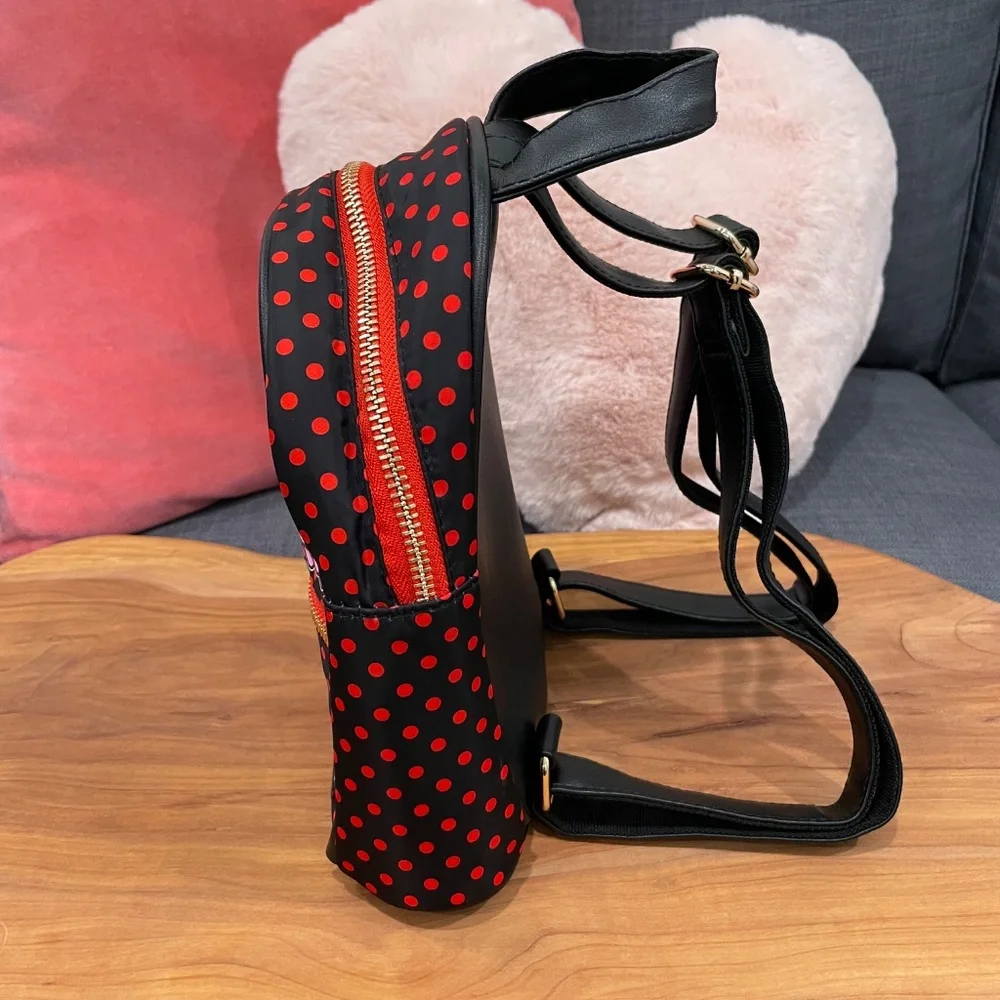 HELLO KITTY Sanrio Mini Backpack with Zipped Front Pocket Black Red Polka Dots - Picture 5 of 15